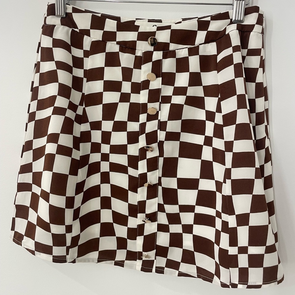 Commense Brown and White Checkered Skirt